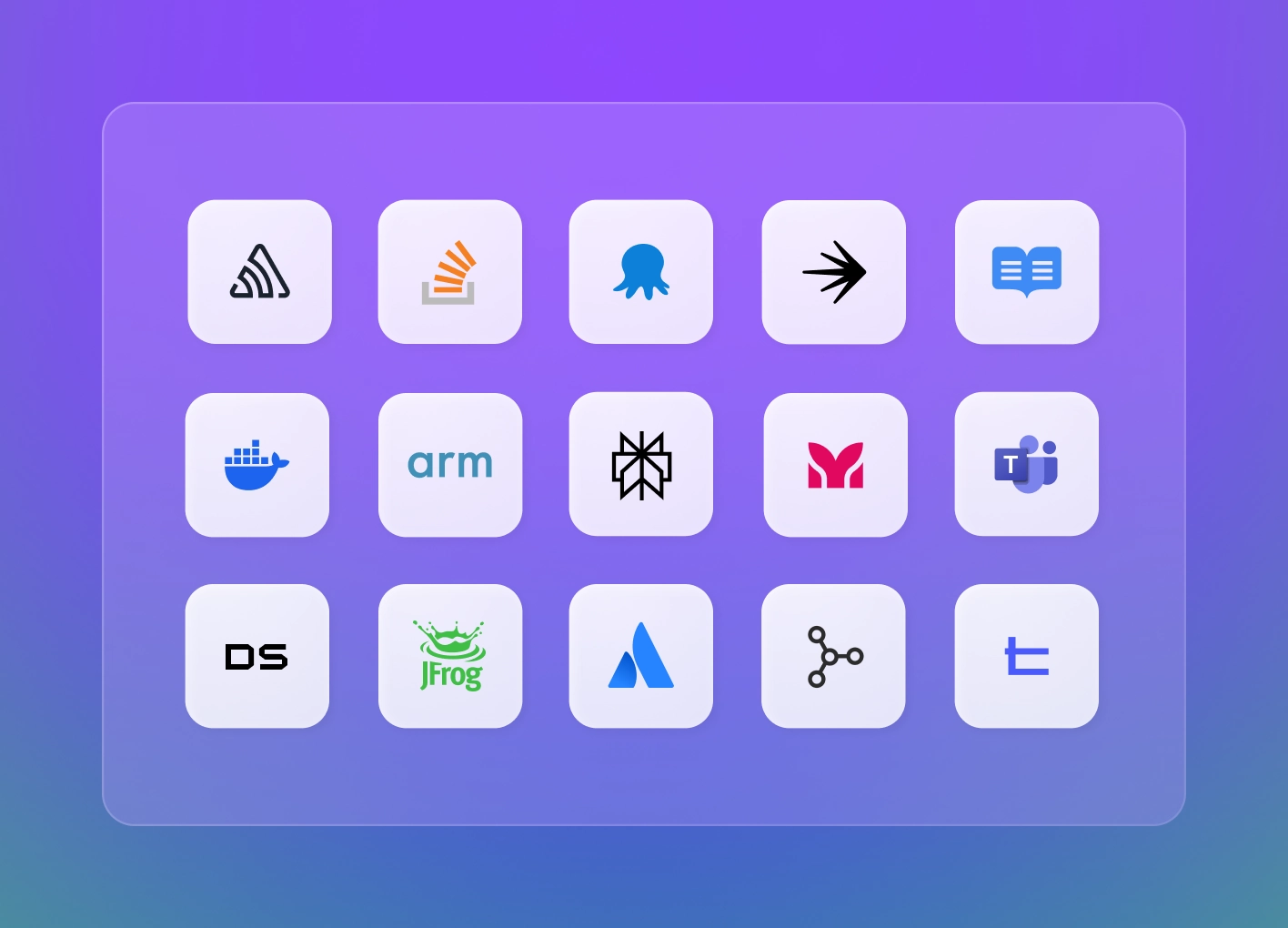 Grid of icons representing various extensions available in the GitHub Marketplace. Icons displayed include logos for Sentry, Stackoverflow, Octopus Deploy, LaunchDarkly, ReadMe, Docker, Arm, Perplexity, Mermaid Chart, Microsoft Teams, and other tools.